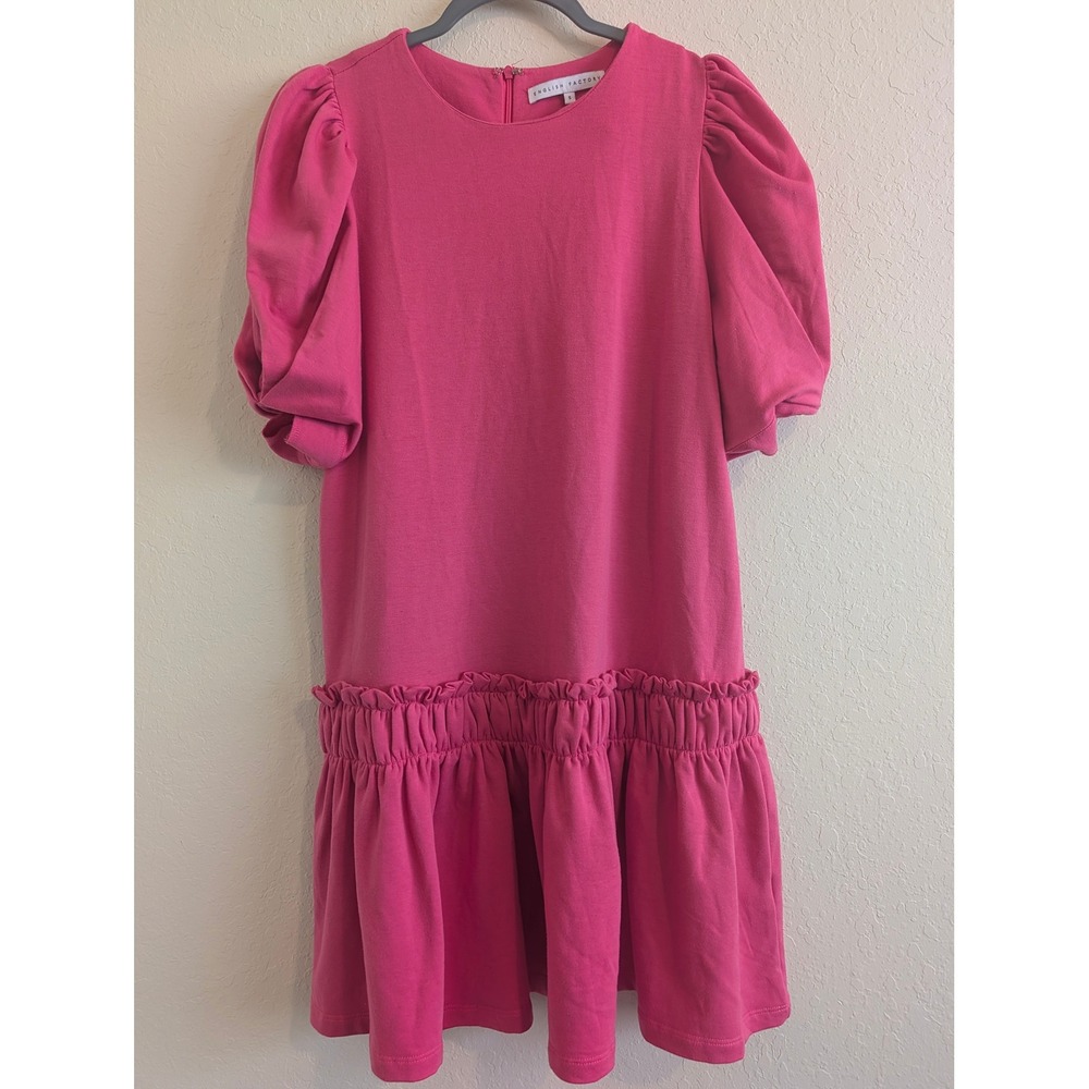 English Factory Pink Puff Sleeve Ruffle Drop Waist Knit Mini Dress S J367D